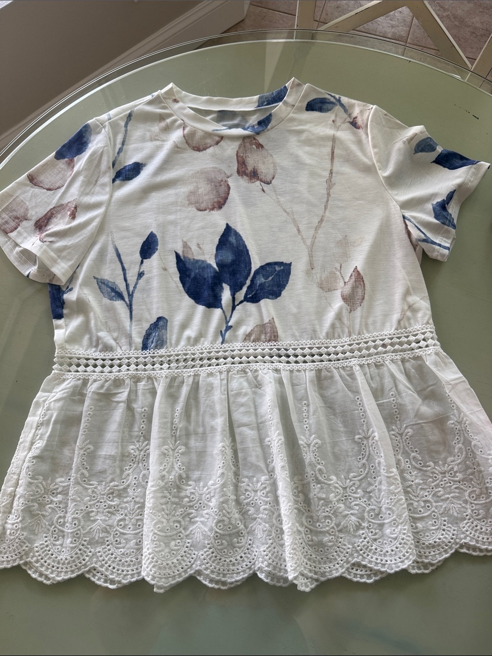 Girls White Floral Peplum Top with Lace Trim